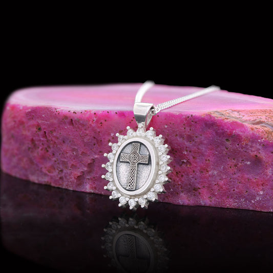 Silver Oval Cross Necklace, Stone Cross Silver Necklace, Gold Plated Silver Christian Cross Stone Necklace, Women's Religious Necklace