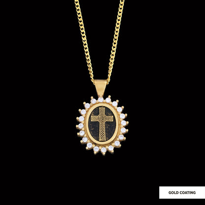 Silver Oval Cross Necklace, Stone Cross Silver Necklace, Gold Plated Silver Christian Cross Stone Necklace, Women's Religious Necklace