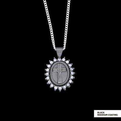 Silver Oval Cross Necklace, Stone Cross Silver Necklace, Gold Plated Silver Christian Cross Stone Necklace, Women's Religious Necklace