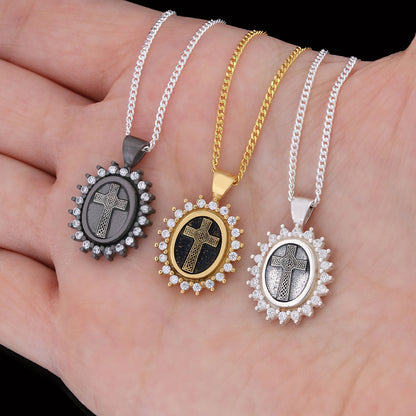Silver Oval Cross Necklace, Stone Cross Silver Necklace, Gold Plated Silver Christian Cross Stone Necklace, Women's Religious Necklace