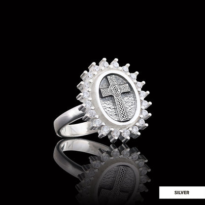 Silver Oval Cross Ring, Stone Cross Silver Ring, Gold Plated Silver Christian Cross Stone Ring, Women's Religious Ring