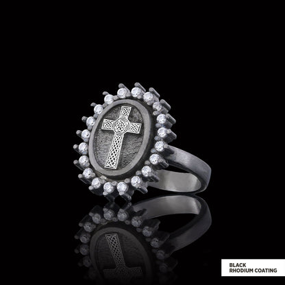 Silver Oval Cross Ring, Stone Cross Silver Ring, Gold Plated Silver Christian Cross Stone Ring, Women's Religious Ring