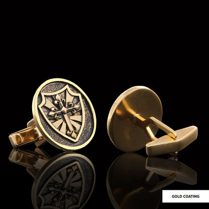 Silver Shield Cufflinks, Religious Gift for Men, Christian Armor Jewelry, Knight’s Cross and Shield Cufflinks