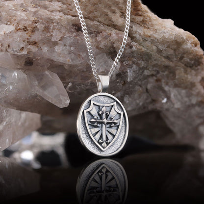 Silver Shield Pendant, Religious Gift for Men, Christian Armor Jewelry, Knight’s Cross and Shield Necklace