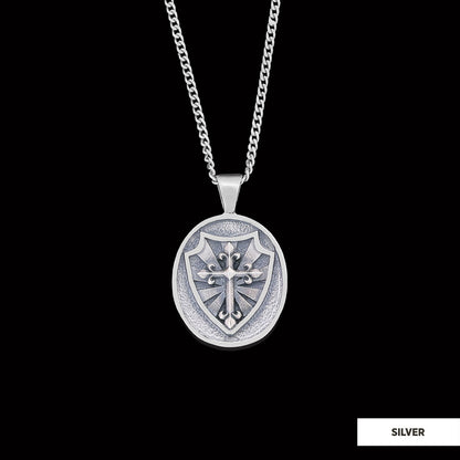 Silver Shield Pendant, Religious Gift for Men, Christian Armor Jewelry, Knight’s Cross and Shield Necklace