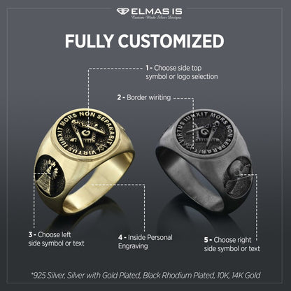 Skull and Bones Masonic Ring, Round Mason Ring, Ancient Lodge Mason Ring