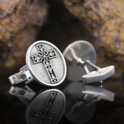 Special Design Motif Cross Cufflinks, Gold Plated Silver Cross Christian Cufflinks, Oval Silver Cufflinks