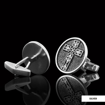 Special Design Motif Cross Cufflinks, Gold Plated Silver Cross Christian Cufflinks, Oval Silver Cufflinks