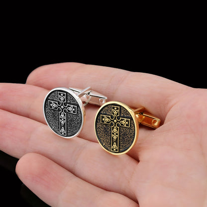 Special Design Motif Cross Cufflinks, Gold Plated Silver Cross Christian Cufflinks, Oval Silver Cufflinks