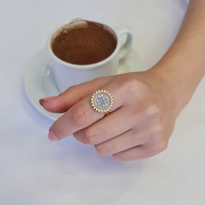 Special Design Round 925 Sterling Silver Christian Cross Stone Women Ring