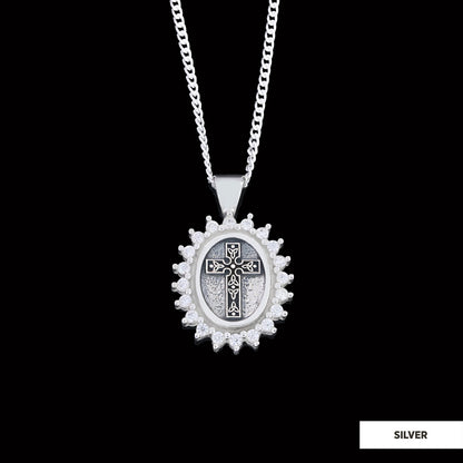 Special Design Stone Motif Cross Necklace, Gold Plated Silver Cross Christian Pendant, Stone Oval Silver Necklace