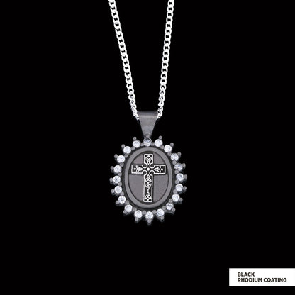 Special Design Stone Motif Cross Necklace, Gold Plated Silver Cross Christian Pendant, Stone Oval Silver Necklace
