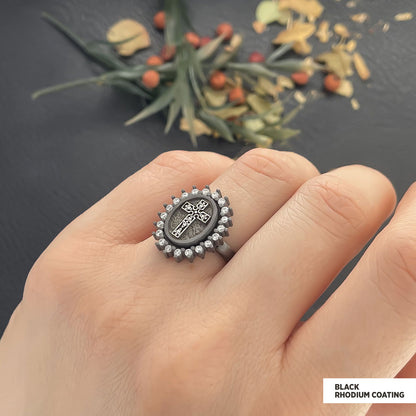 Special Design Stone Motif Ring, Gold Plated Silver Crusader Christian Ring, Stone Oval Silver Ring, Crusader Women's Jewelry