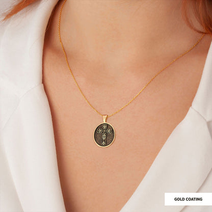 Special Design Motif Cross Necklace, Gold Plated Silver Cross Christian Pendants, Oval Silver Necklace