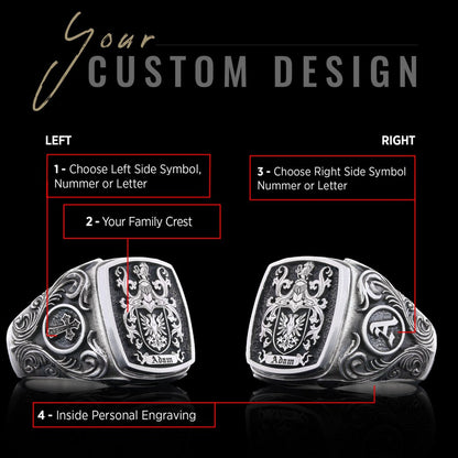 Square Family Crest Ring, 925 Sterling Silver Family Ring