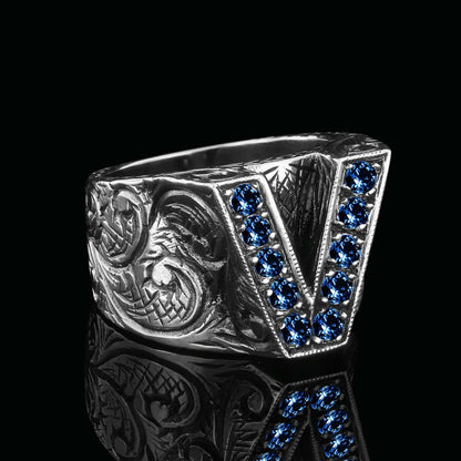 Special Design Sterling Silver Letter Monogram V Ring