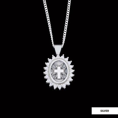 Stone Cross Silver Necklace, Gold Plated Silver Christian Cross Stone Pendant, Silver Oval Cross Necklace