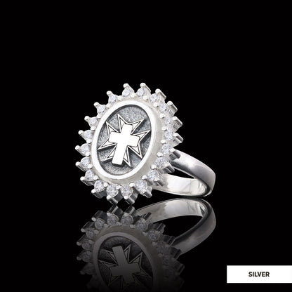 Stone Cross Silver Ring, Gold Plated Silver Christian Cross Stone Ring, Silver Oval Cross Ring, Christian Gift