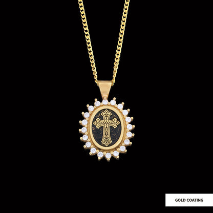 Stone Special Design Motif Cross Necklace, Gold Plated Silver Cross Christian Pendant, Rhodium Plated Stone Oval Silver Necklace