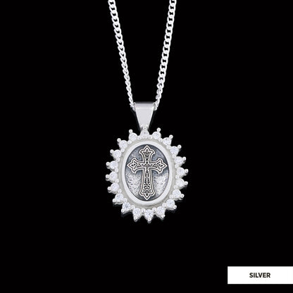 Stone Special Design Motif Cross Necklace, Gold Plated Silver Cross Christian Pendant, Rhodium Plated Stone Oval Silver Necklace