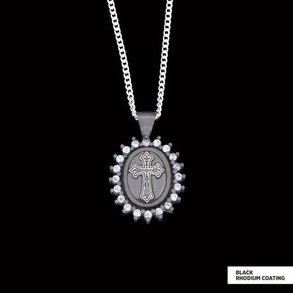 Stone Special Design Motif Cross Necklace, Gold Plated Silver Cross Christian Pendant, Rhodium Plated Stone Oval Silver Necklace