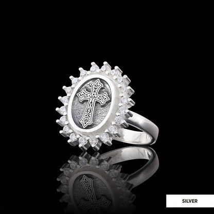 Stone Special Motif Ring, Gold Plated Silver Crusader Christian Ring, Rhodium Plated Stone Oval Silver Ring, Crusader Women's Jewelry Gift