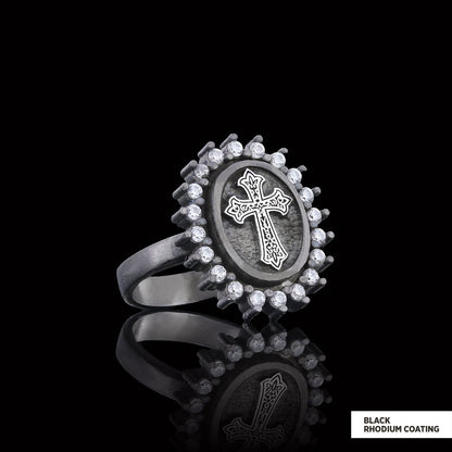 Stone Special Motif Ring, Gold Plated Silver Crusader Christian Ring, Rhodium Plated Stone Oval Silver Ring, Crusader Women's Jewelry Gift