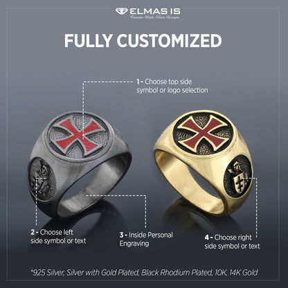 Templar Cross Masonic Ring, Round Signet Mason Ring