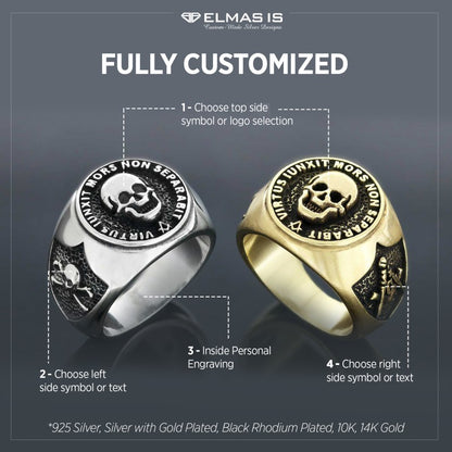 The Skull Masonic Ring, Handcrafted Sterling Silver Mason Ring, Elegant Masonic Ring