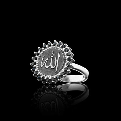 Unique Design Round Stone Allah Islamic Sterling Silver Women Ring