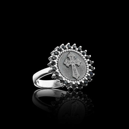 Unique Design Round Stone White and Black Christian Cross Women Ring
