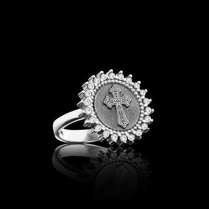 Unique Design Round Stone White and Black Christian Cross Women Ring