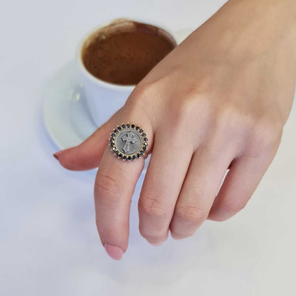 Unique Design Round Stone White and Black Christian Cross Women Ring