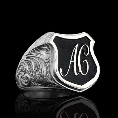 Unique Design Silver Motif A - C Letter Monogram Ring