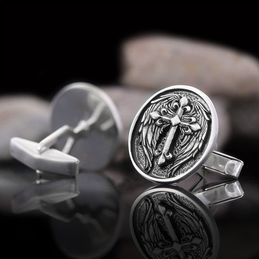 Winged Cross Cufflinks, Christian Jewelry, Gold Plated Cross Cufflinks, Religious Accessory, Crucifix Gift Cufflinks
