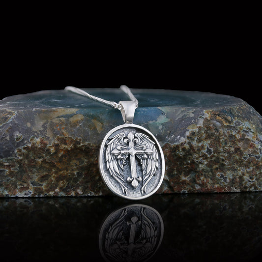 Winged Cross Necklace, Christian Jewelry, Gold Plated Cross Pendant, Religious Accessory, Crucifix Gift Necklace