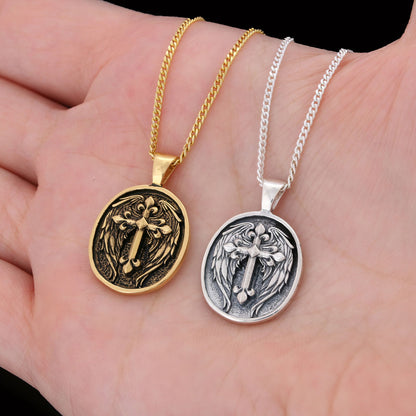 Winged Cross Necklace, Christian Jewelry, Gold Plated Cross Pendant, Religious Accessory, Crucifix Gift Necklace